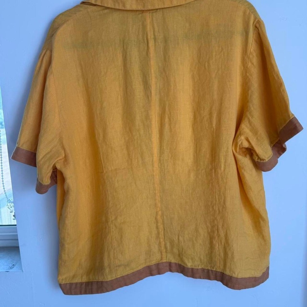 SeidenSticker 100% Linen Colorblock Button Up Top Mustard Yellow Brown Relaxed - Picture 3 of 7